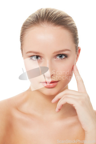 Image of Woman, makeup and beauty with portrait, hand and model for skin or clean cosmetics on white background. Studio, face and headshot with shine and skincare for facial glow, cosmetology or grooming