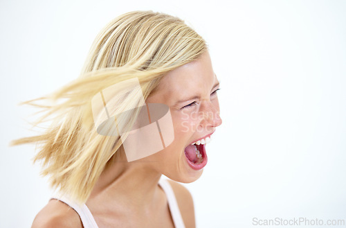 Image of Angry, frustrated and profile of screaming woman with stress isolated on a white studio background mockup space. Face, shouting and blonde person yelling loud, depression expression or girl in crisis