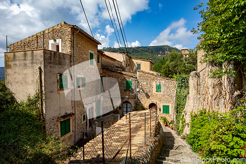 Image of Narrow streets in historic center of town of Valldemossa, Balearic Islands Mallorca Spain.