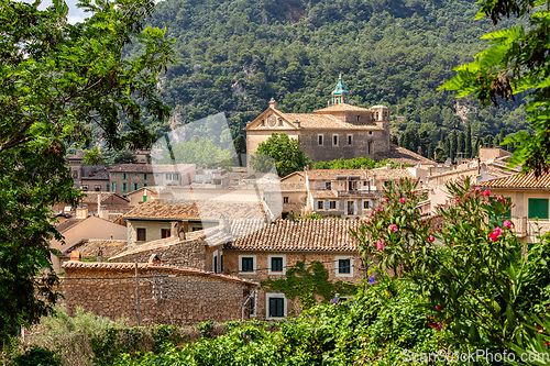 Image of Narrow streets in historic center of town of Valldemossa, Balearic Islands Mallorca Spain.