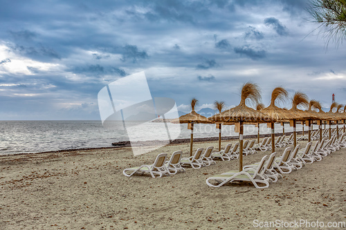 Image of Can Picafort Beach with straw umbrellas and sun loungers, Can Picafort, Balearic Islands Mallorca Spain.