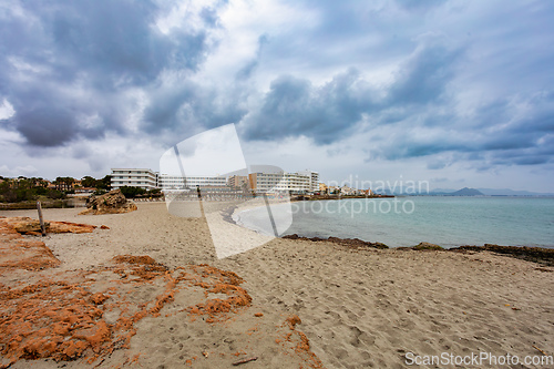 Image of Sandy natural beach in city Can Picafort. Balearic Islands Mallorca Spain.