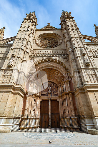 Image of Gothic medieval cathedral La Seu and Royal Palace of La Almudaina. Palma de Mallorca. Balearic Islands Spain.