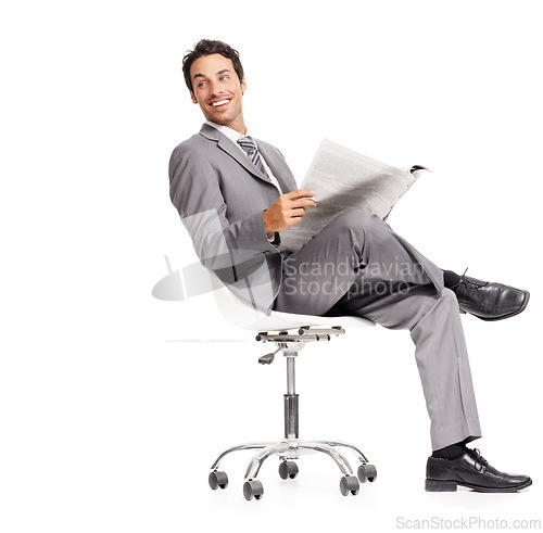 Image of Business man, happy and reading newspaper in studio, headlines and information on current events. Businessperson, smile and knowledge or announcement on paper, news and update by white background