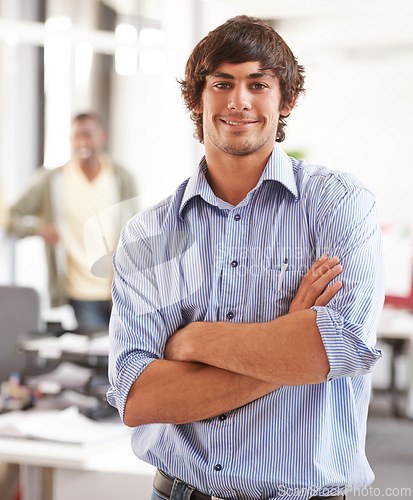 Image of Arms crossed, smile and portrait of business man in startup agency for creative, manager and designer. Professional, consultant and advisor with face of employee in office for entrepreneur career