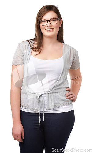 Image of Casual fashion, portrait and plus size model with glasses, smile and girl isolated on white background. Confident, body positivity and happy woman with pride, wellness and relax on studio backdrop