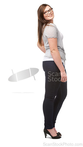 Image of Fashion, portrait and plus size woman with confidence, smile and glasses isolated on white background space. Vision, body positivity and proud model with style, wellness or happiness in studio mockup