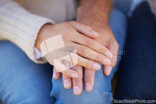 Image of Hands, closeup and people with love, support and trust in partnership or marriage together. Care, man and woman bonding with solidarity, empathy and body language as sign of compassion or connection