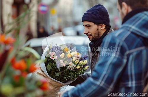 Image of Man Holding Bunch of Flowers in Hands