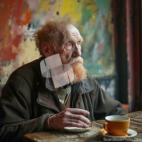 Image of A Man Sitting at a Table With a Cup of Coffee