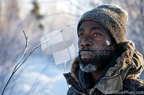 Image of Man With Beard Wearing Winter Hat, Close-Up Portrait of a Bearded Man Bundled Up for Cold Weather