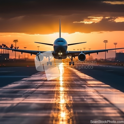 Image of Large Jetliner Flying Over Runway at Sunset