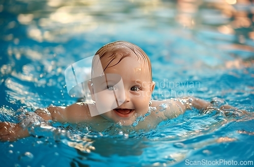 Image of Joyful Baby Swimming With Smiling Face in Pool