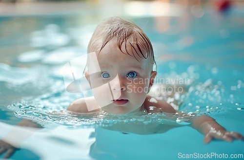 Image of Adorable Baby With Blue Eyes Enjoying a Safe Swim in a Pool