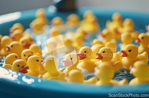 Image of Group of Rubber Ducks in Blue Bowl, Playful Toy Ducks Gathered Inside a Colorful Container