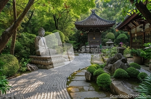 Image of Peaceful Garden With Buddha Statue at the Center