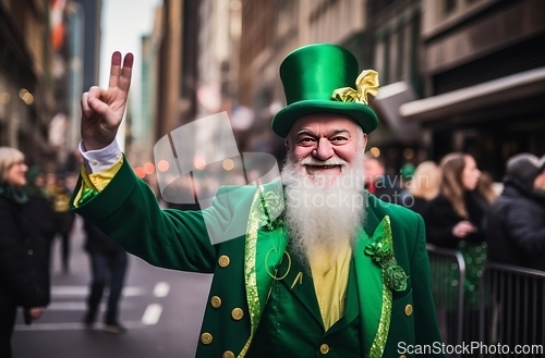 Image of Man in Green Suit and Hat Waves to Crowd at Event