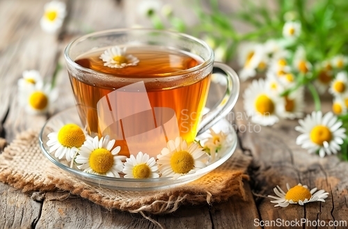 Image of A Cup of Chamomile Tea on a Wooden Table