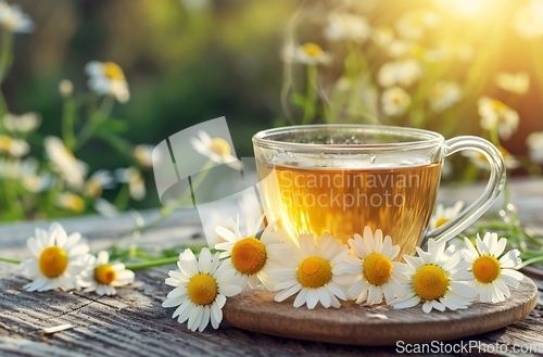 Image of Cup of Tea With Daisies on Wooden Table