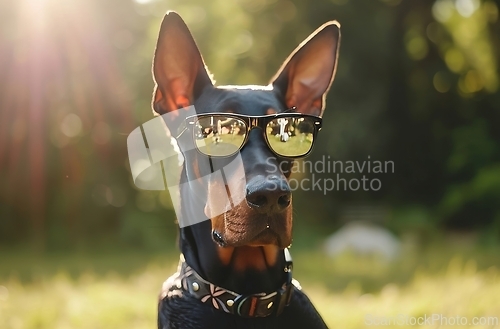 Image of Doberman Dog Wearing Sunglasses on a Sunny Day