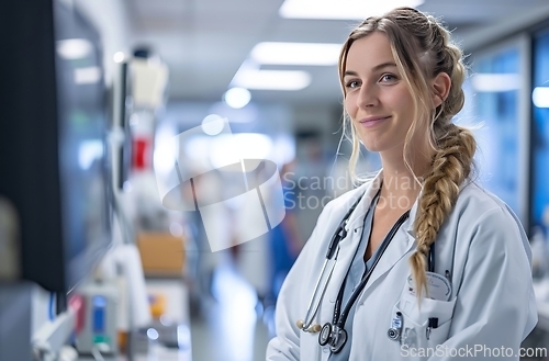 Image of Woman in White Lab Coat Standing in Hospital Hallway