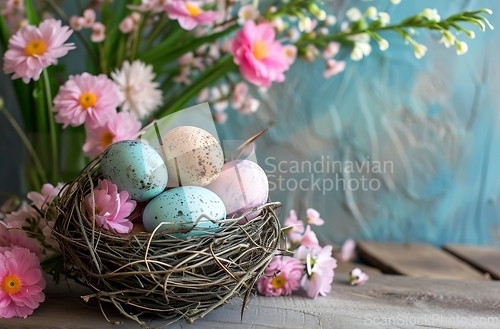 Image of Birds Nest Filled With Eggs on Wooden Table