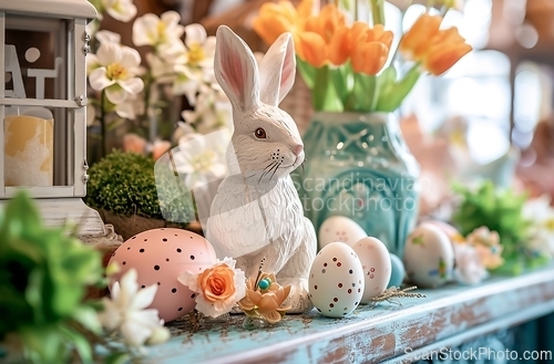 Image of Close Up of Bunny Figurine on Mantle - Delicate Handcrafted Decor for a Cozy Home