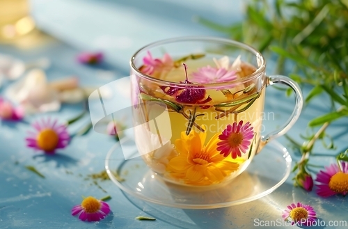 Image of Glass Cup Filled With Water and Flowers, A Serene Floral Arrangement