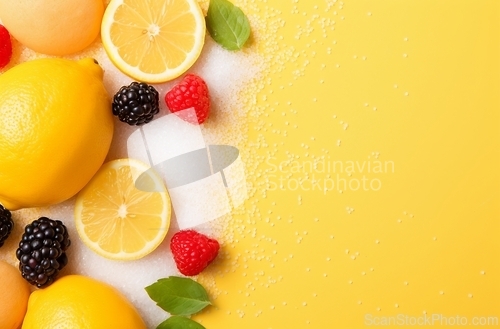 Image of Assorted Lemons, Raspberries, and Limes on a Yellow Background