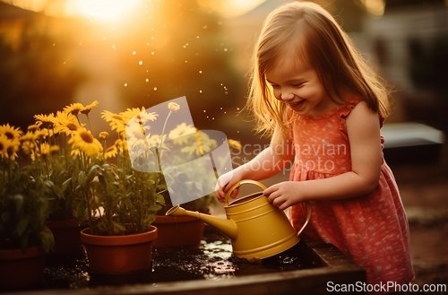 Image of Little Girl Watering Potted Plant Using a Watering Can Outdoors in Bright Sunlight