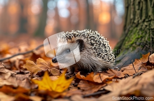 Image of Hedgehog Resting in Leaves by Tree