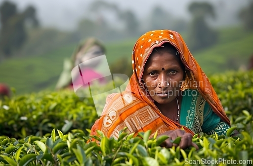 Image of Woman Sitting in Tea Bush Field, Enjoying Serene Moment in Nature