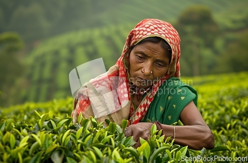 Image of Woman Picking Tea Leaves in Field