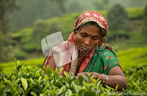 Image of Woman Picking Tea Leaves in Tea Plantation