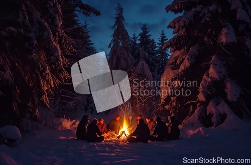 Image of Group of People Sitting Around Fire in Snow