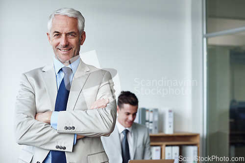 Image of Senior businessman, portrait and confidence in training, agency and expert for mentoring in office. Happy male person, arms crossed and smile for support in management, advisor and corporate pride