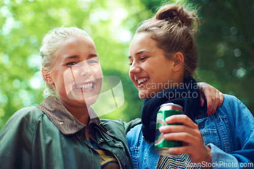 Image of Portrait, music festival and women with a beer, hug and excited with happiness and bonding together. Face, people or outdoor with friends and alcohol with weekend break and smile with embrace and can