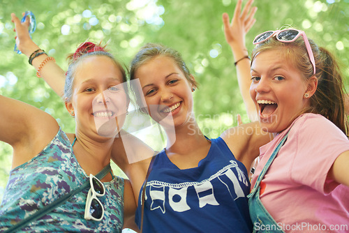 Image of Excited, friends and portrait of women in nature on holiday, vacation and weekend in nature. Happy, smile and face of people embrace for bonding, fun and relax together on adventure, travel and trip