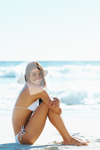 Image of Indian woman, beach and bikini for ocean, waves and breeze for summertime in Bali for vacation. Female, sea and holiday relaxation abroad in swimsuit, sand and smile for portrait, memories and trip.