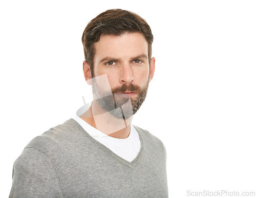 Image of Serious, portrait and man in studio with casual clothes for fashion in V neck pullover top, beard and headshot. Face of a young model or person from the USA with relaxed style on a white background