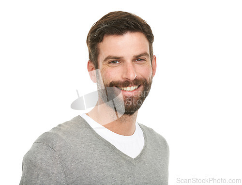 Image of Portrait, smile and fashion with man, joy and confident guy isolated on a white studio background. Face, person and model with happiness and mockup space with geek and funny with humor and laughing