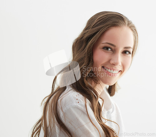 Image of Woman, smile and fashion in studio portrait with confidence, trendy style and pride by white background. Isolated girl, person or model with clothes, face and happy with shirt in Argentina