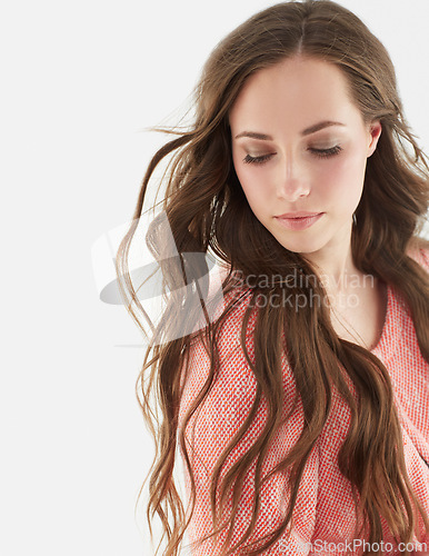 Image of Woman, fashion and style with thinking in studio with hair, memory and ideas by white background. Isolated girl, person or model with edgy clothes for choice, hair or vision with sweater in Argentina