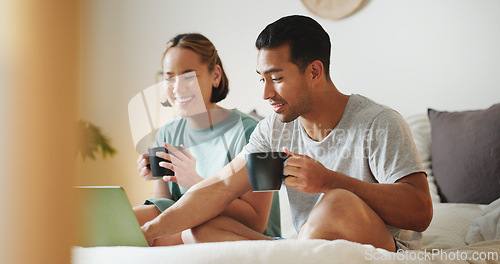 Image of Relax, laptop and search with couple in bed and coffee streaming with subscription, internet and watching movie. Connection, wake up and marriage with man and woman with social media, news and online