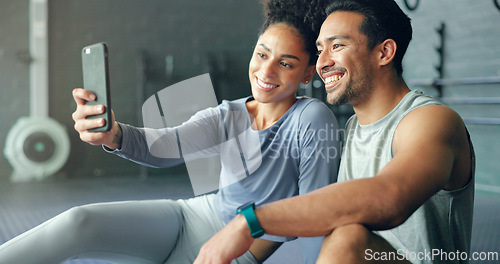 Image of Asian man, woman or phone selfie in gym workout, training or exercise for social media, health app or fitness vlog. Smile, happy or bonding exercise friends or people on mobile photography technology