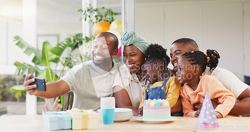 Image of Selfie, birthday and black family of children and parent together for bonding, love and care. African woman, man and happy kids at home for a picture, quality time and bonding or fun at a party