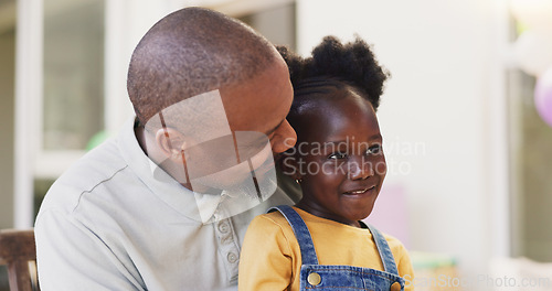 Image of Mature African father, girl child and sitting together with care, love and bond with talk, love and smile in family home. Happy black man, kid and embrace with conversation, chat and relax on holiday