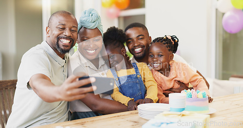 Image of Selfie, birthday and black family of children and parent together for bonding, love and care. African woman, man and happy kids at home for a picture, quality time and bonding or fun at a party