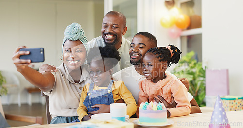 Image of Selfie, birthday party and children, family or parents on social media, online memory and celebration, smile and hug. African people, mother and dat, kids and cake in profile picture for holiday