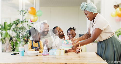 Image of Birthday cake, family and children with parents for celebration, clapping and cheers for party at home. Happy, excited people, girl or kids with dessert and singing, kiss and love or support on patio